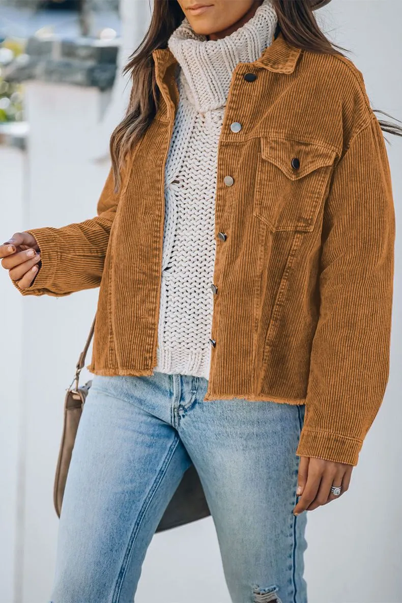 Ripped Hem Oversized Tan Corduroy Trucker Jacket Best Winter Cord Coat Womens