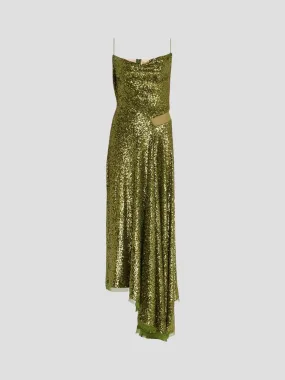 Sequin and Chiffon Sleeveless Dress in Green