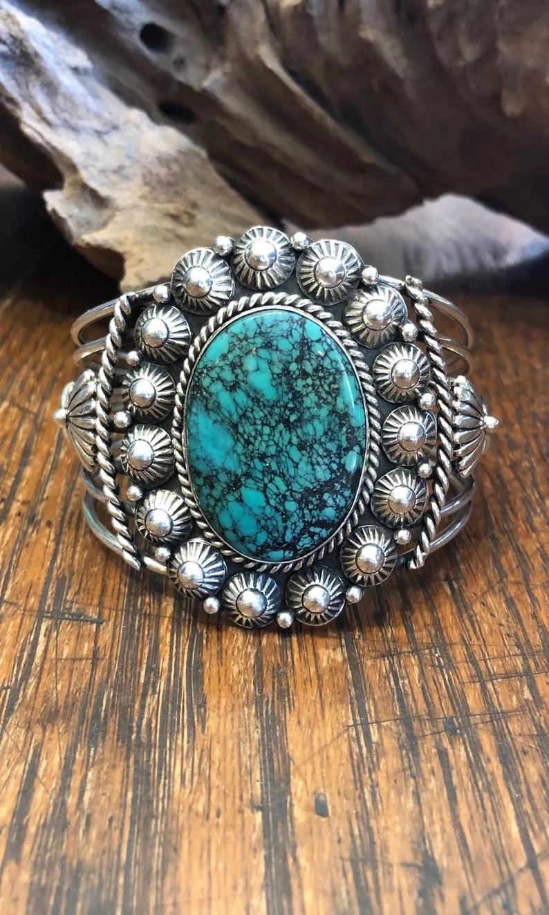 SOUTHWEST CHARMER E Richards Navajo Hogan Beads Silver & Turquoise Cuff