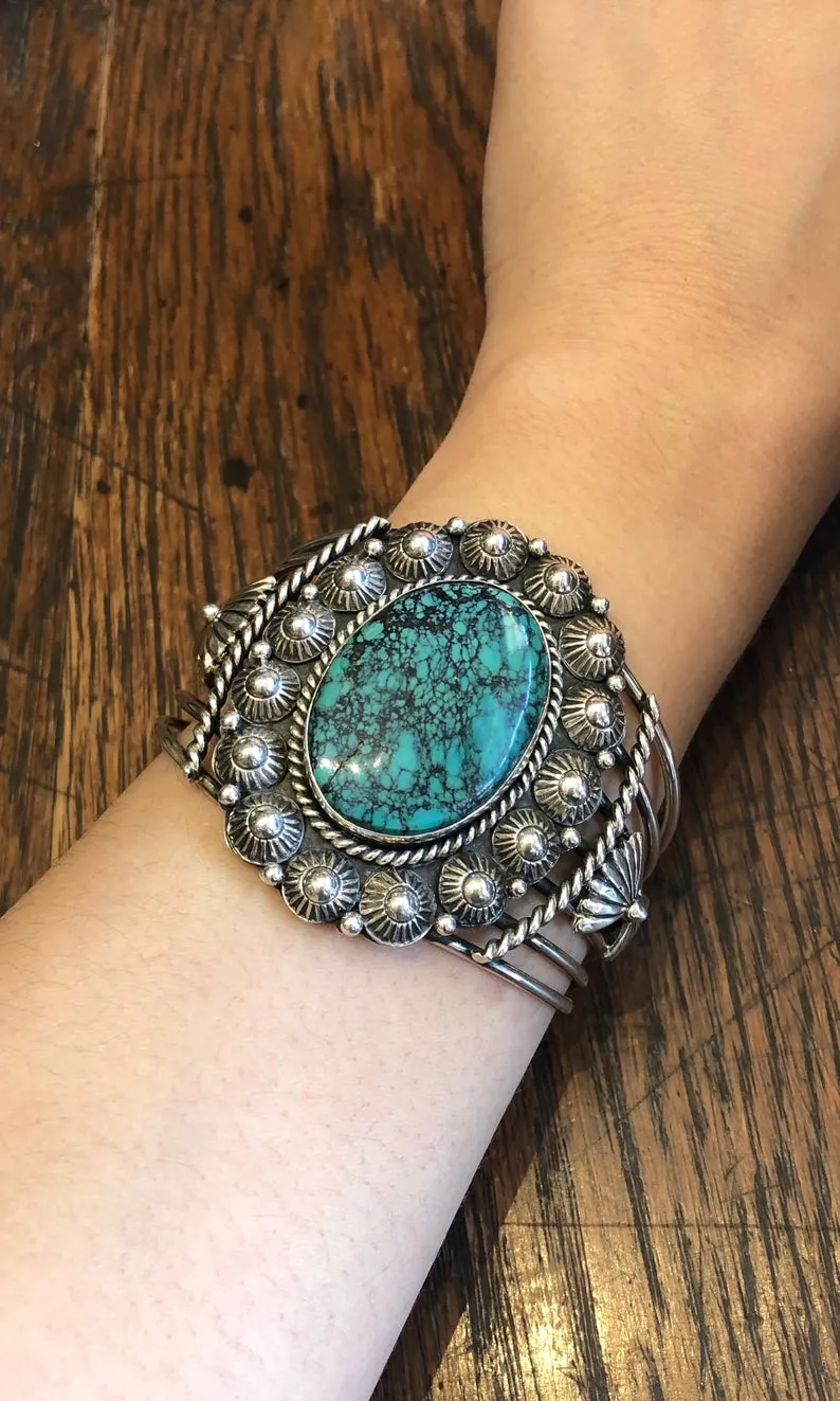 SOUTHWEST CHARMER E Richards Navajo Hogan Beads Silver & Turquoise Cuff