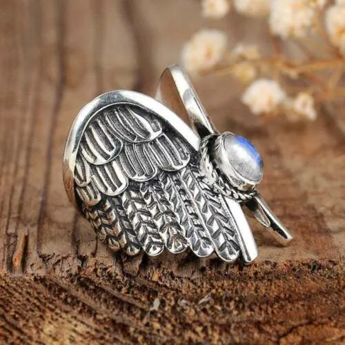 Sterling Silver Vintage Angel Wings Natural Moonstone Ring