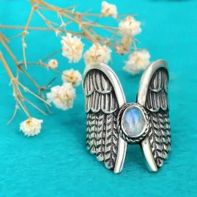 Sterling Silver Vintage Angel Wings Natural Moonstone Ring