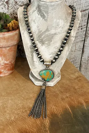 The Sterling Silver Pearl Necklace & Turquoise Tassel Pendant Set