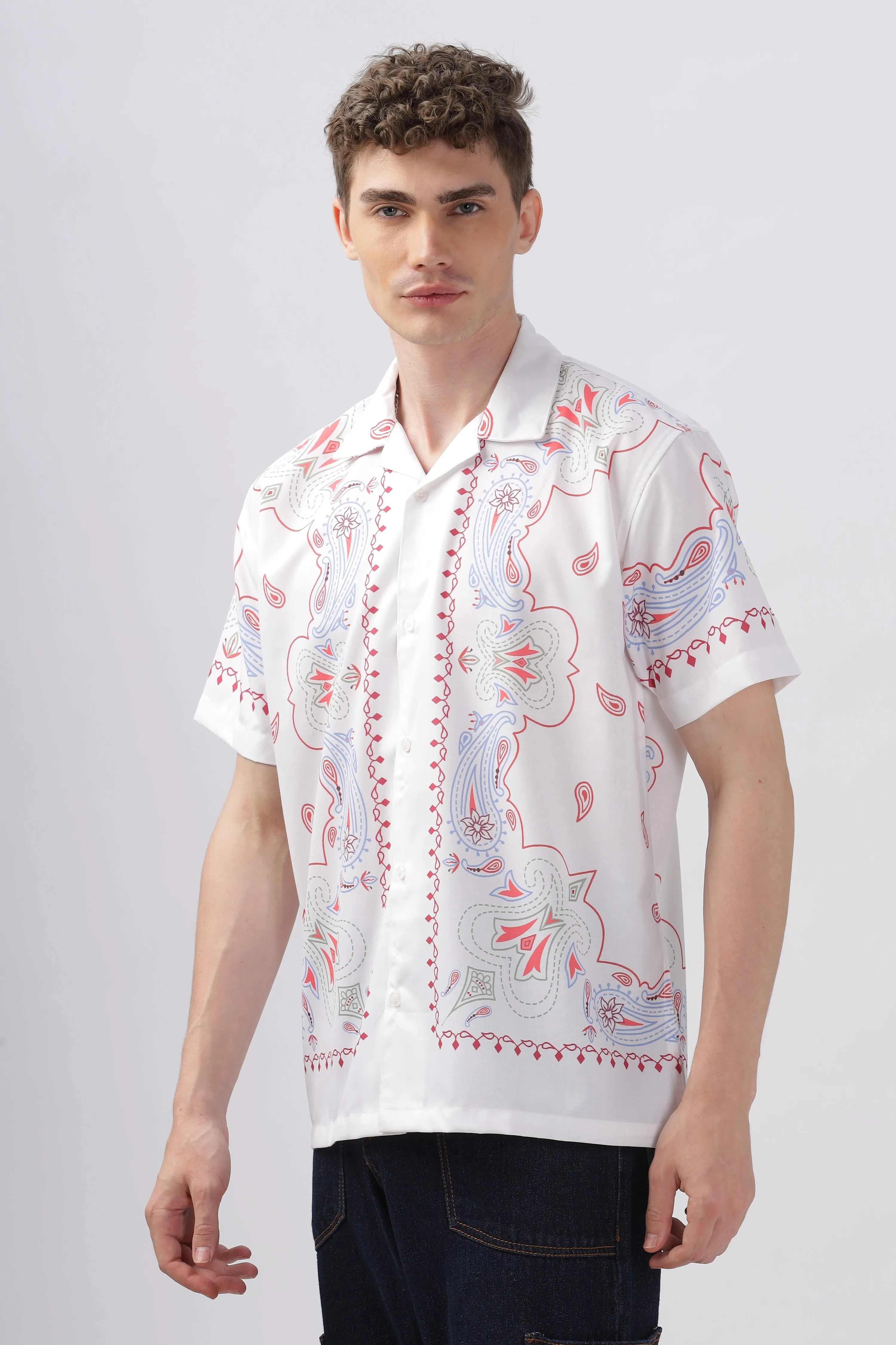 White paisley border printed camp collar shirt for men