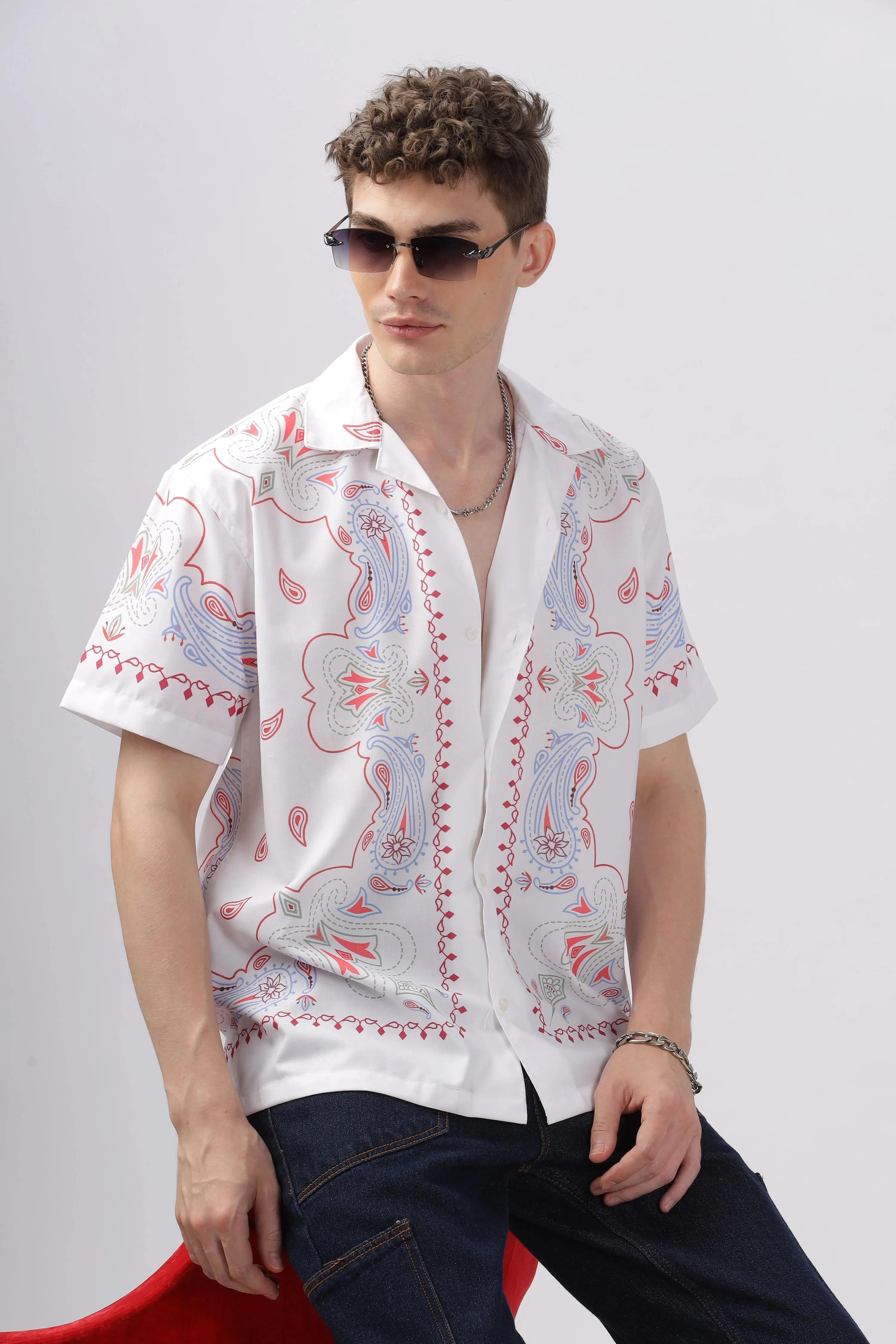 White paisley border printed camp collar shirt for men