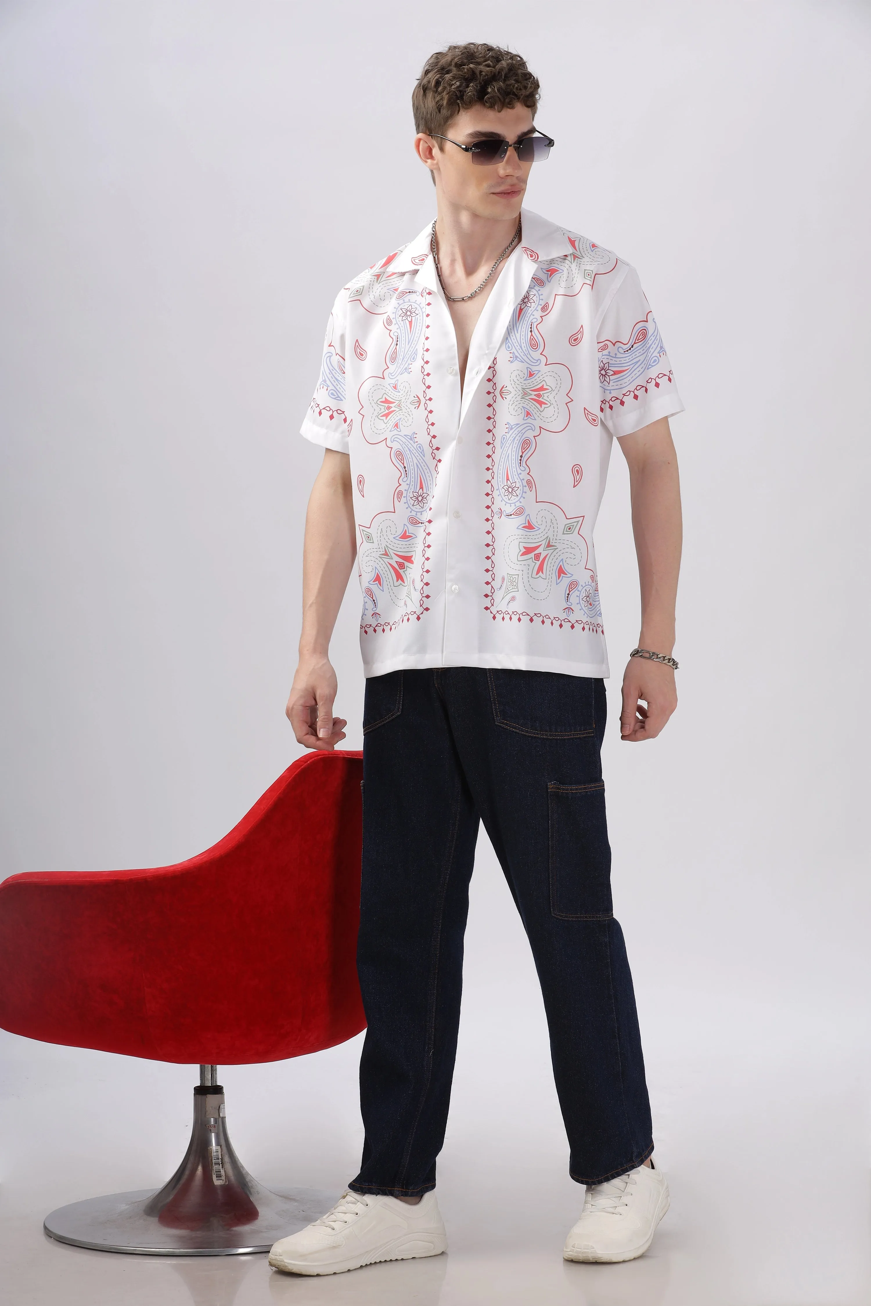 White paisley border printed camp collar shirt for men