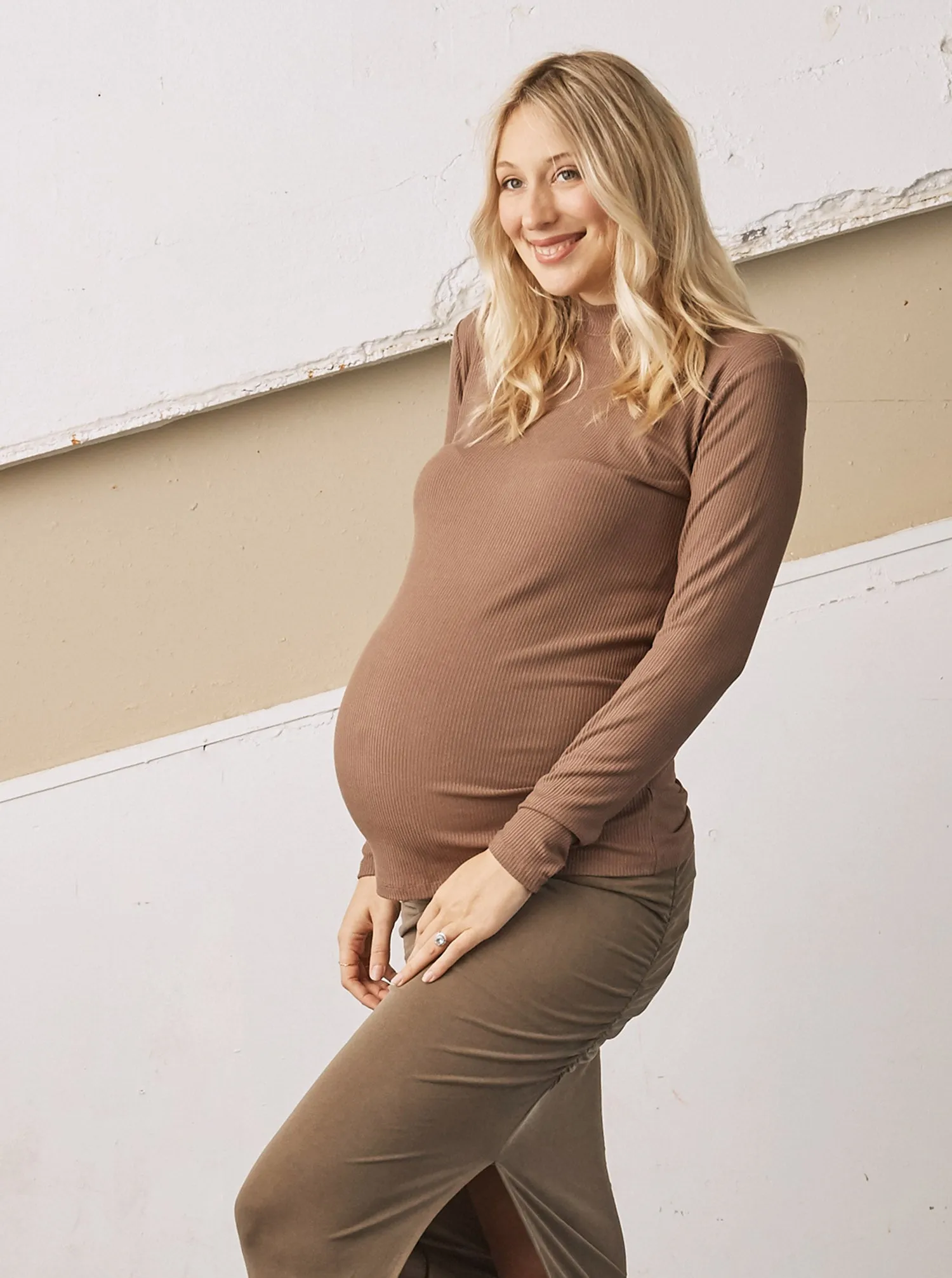 Winter Basic- Ribbed Turtle Neck Maternity Top in Latte