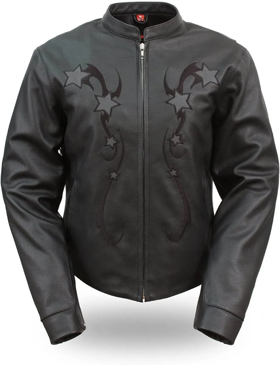 Women's Black Sport Leather Jacket with Reflective Stars