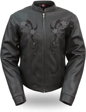 Women's Black Sport Leather Jacket with Reflective Stars