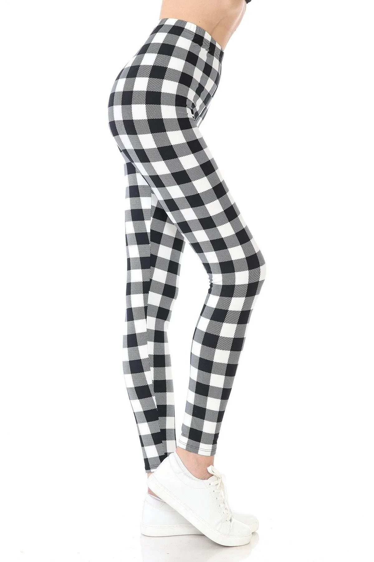 Womens Plaid Leggings | XPlus Black White Plaid Leggings | Yoga Pants | Footless Tights | Elastic No-Roll Waistband