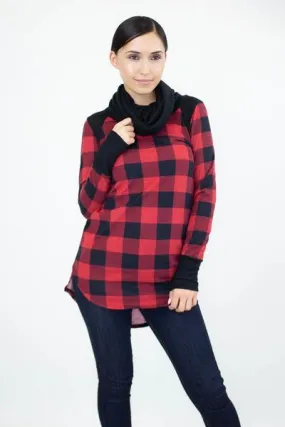 Womens Plaid Top Long Sleeve Cowl Neck Shirt Red/Black Sizes S/M