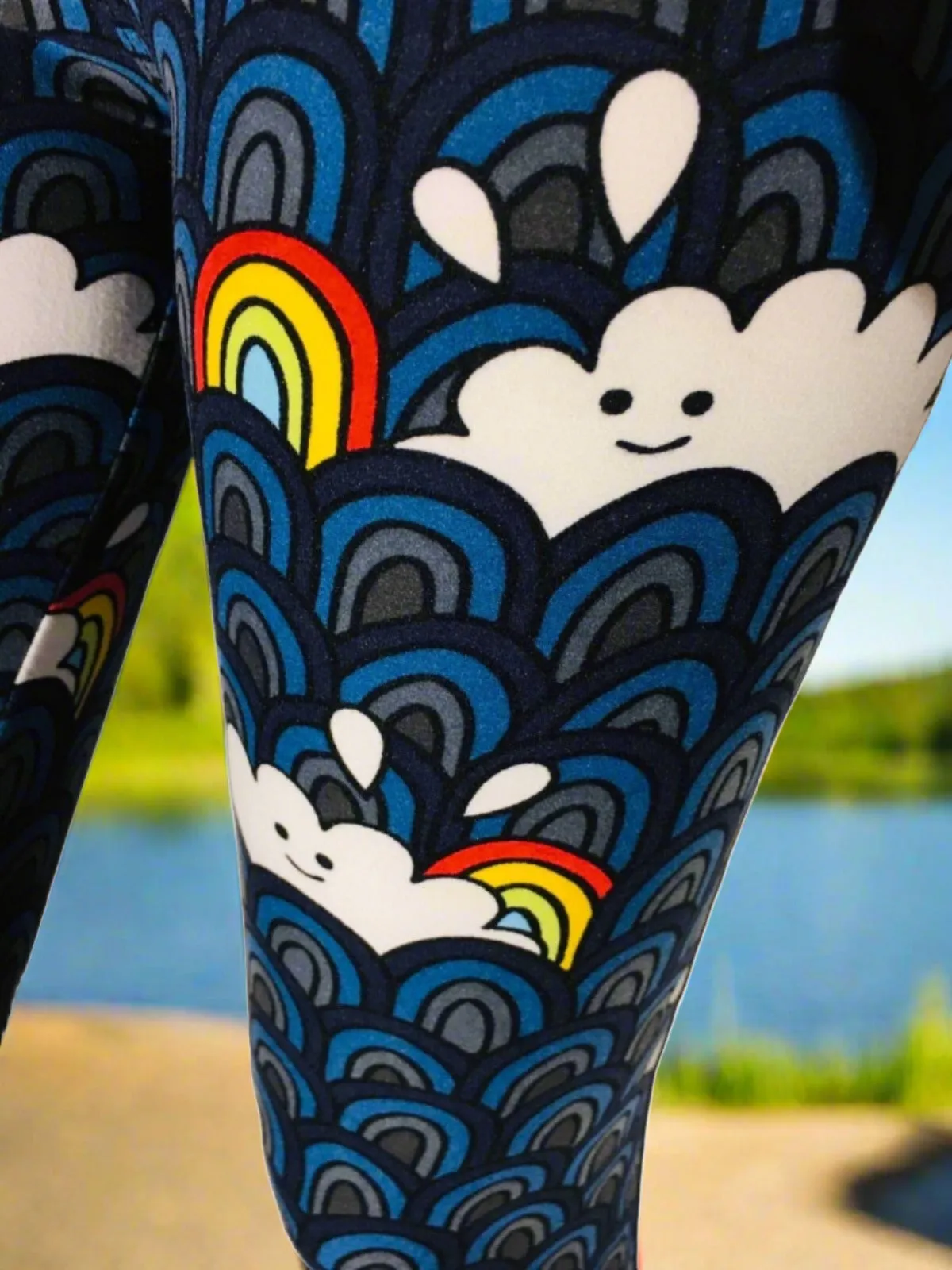 Womens Rainbow Happy Cloud Leggings, Soft Yoga Pants, Sizes 0-20, Blue/White, Yoga Waistband